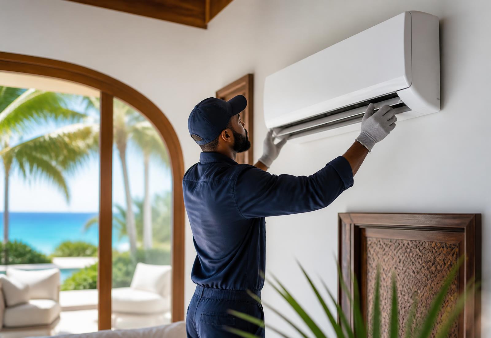 AirFlex technician installing a wall-mounted split air conditioner in a Zanzibar villa